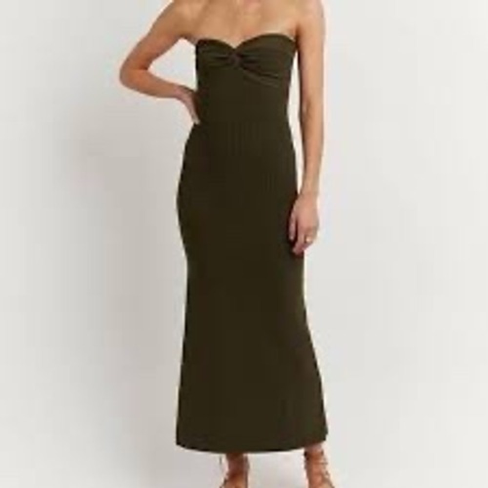 Anika Olive Knit Midi dress Dissh ribbed strapless resort wear cruise travel